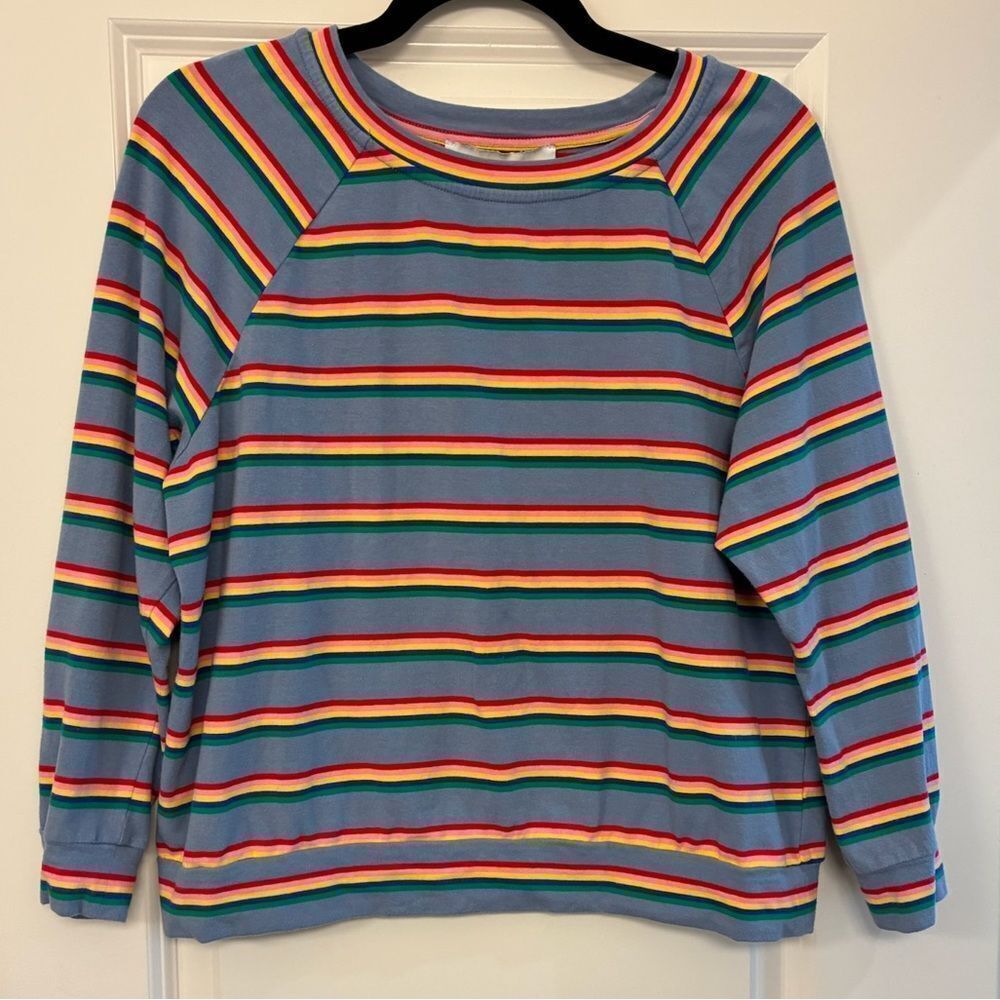 BURU Striped Bateau Neckline Top Blue Yellow Green Red Women’s Size Small